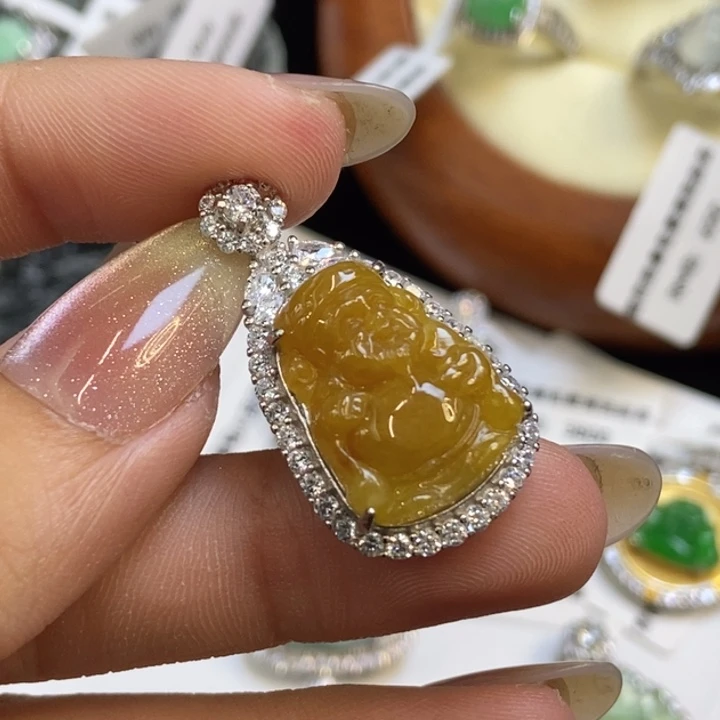 翡翠银S925镶嵌颈饰天然缅甸A货翡翠财神爷吊坠