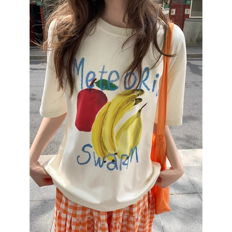 原创彩色水果字母印花短袖t恤女夏季新款设计感独特上衣