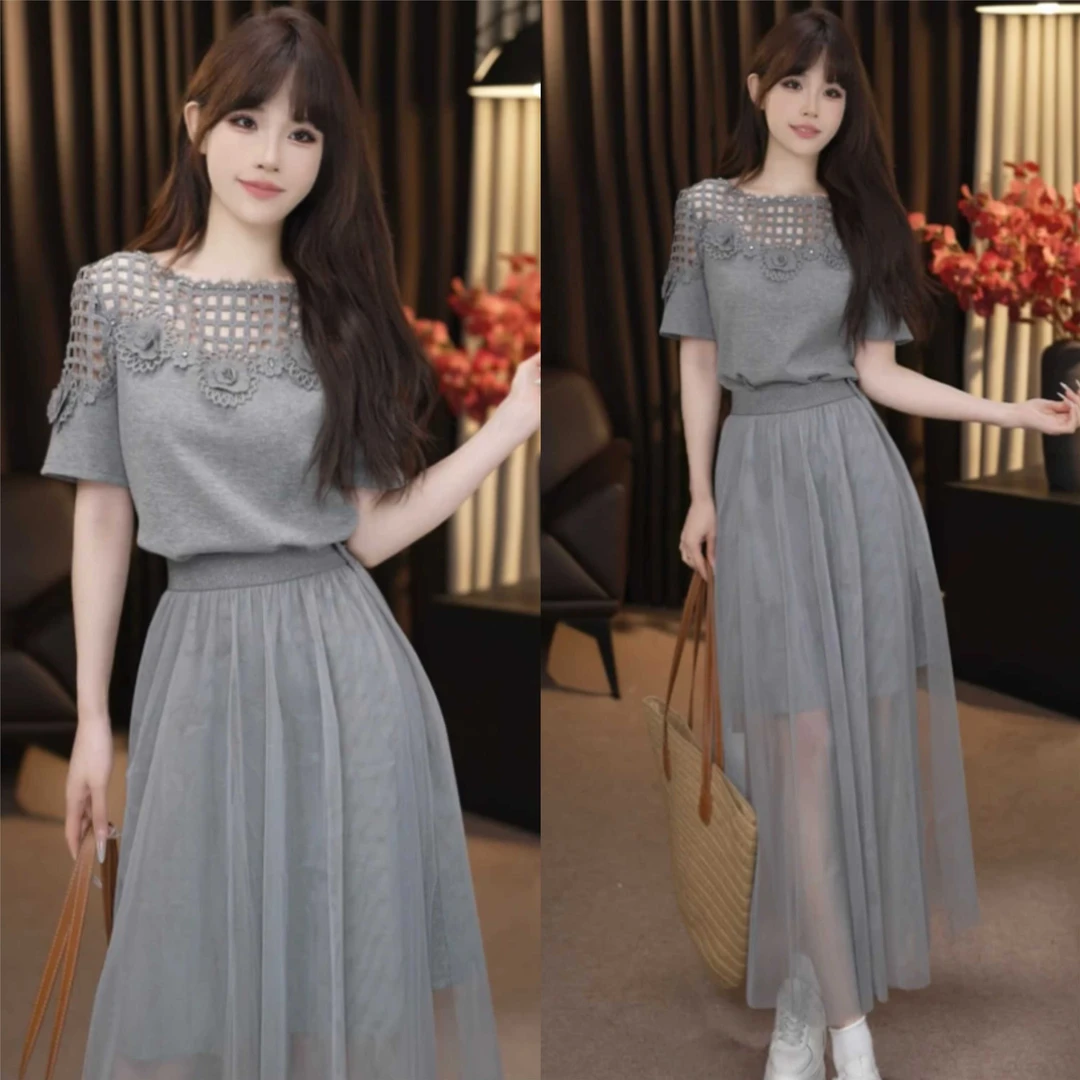 2025超火穿搭一整套女夏季时尚减龄镂空短袖t恤裙网纱半裙两件套
