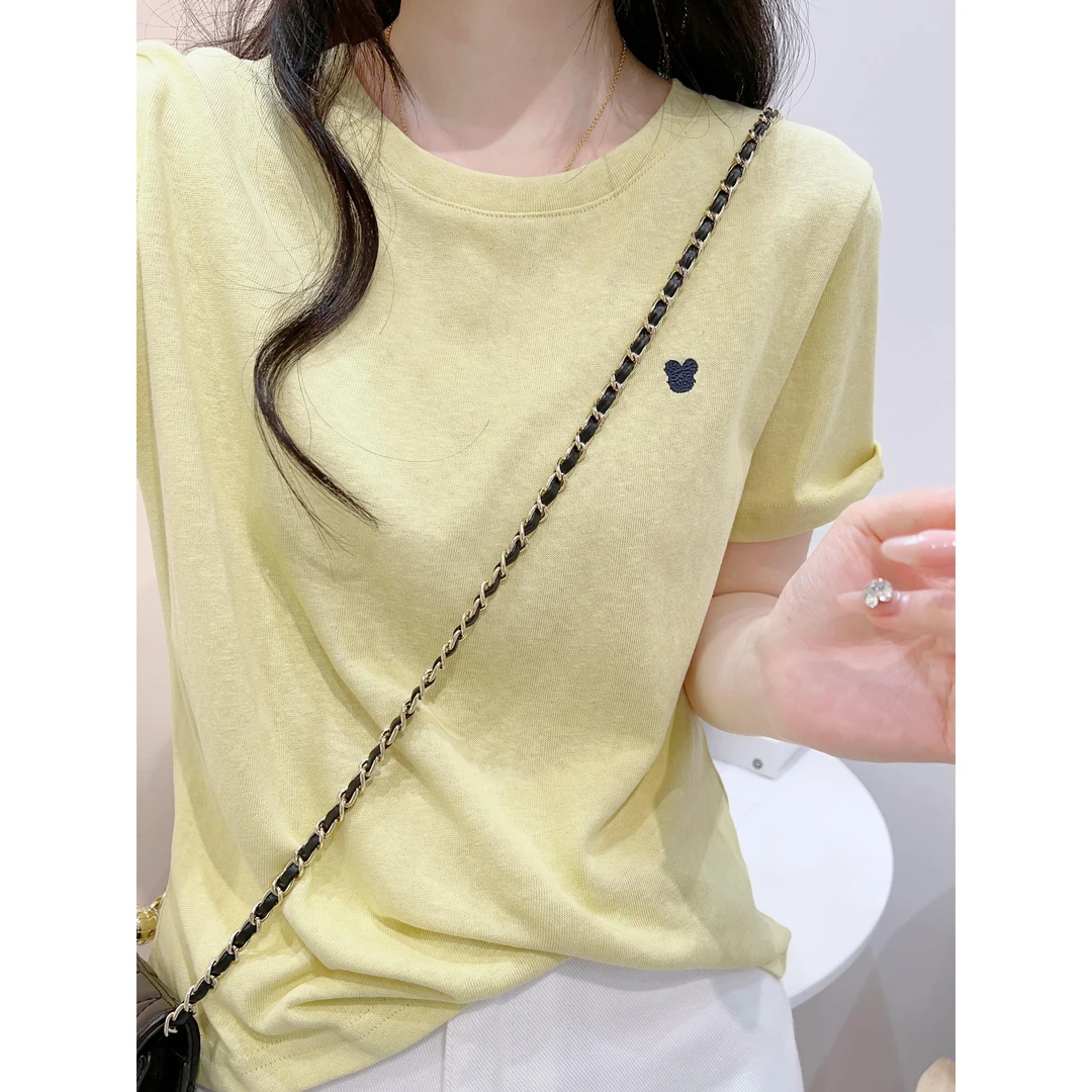 雪花棉黄色短袖T恤女2025夏季新款刺绣宽松百搭显瘦短款圆领上衣