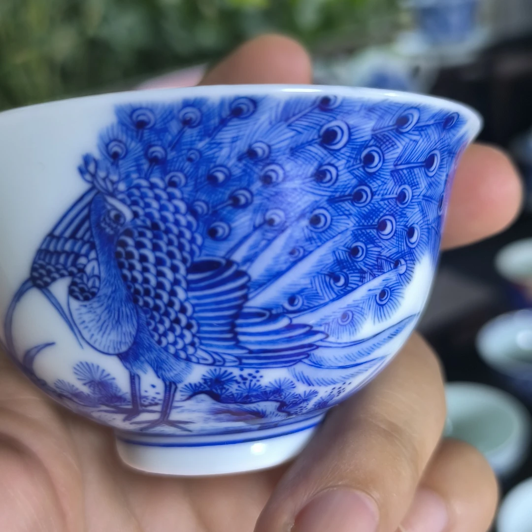 景德镇纯手工手绘青花孔雀小杯—一物一拍