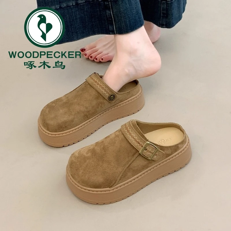 啄木鸟厚底勃肯鞋包头半拖鞋女外穿2025新款秋季一脚蹬松糕博肯鞋