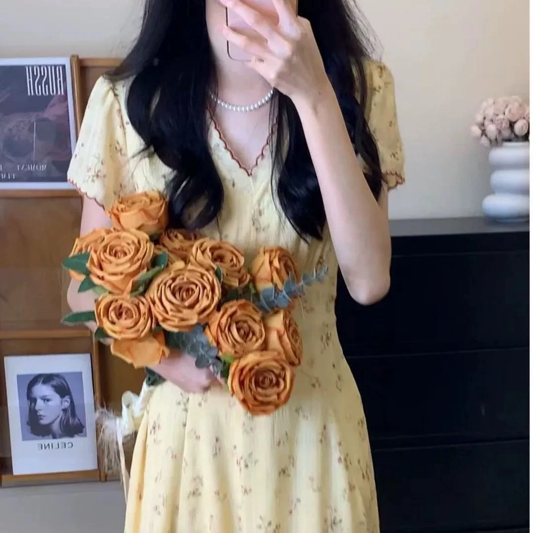 小岛蔷薇法式甜美夏季新款温柔风V领长裙女