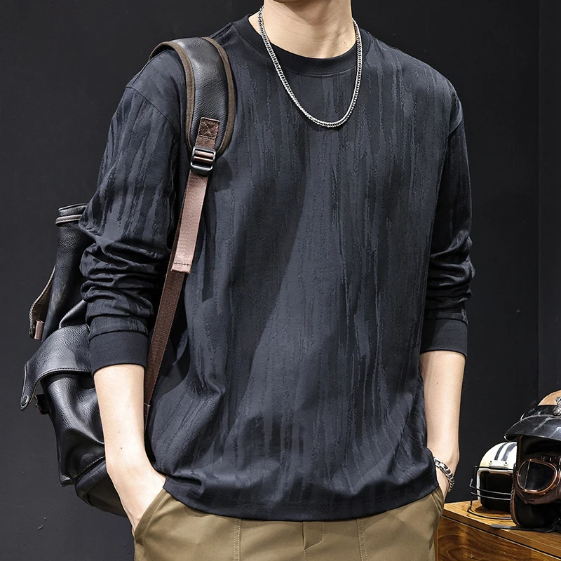 MR.MUDI/穆迪先生树皮纹理感提花长袖t恤男春秋美式简约休闲内搭