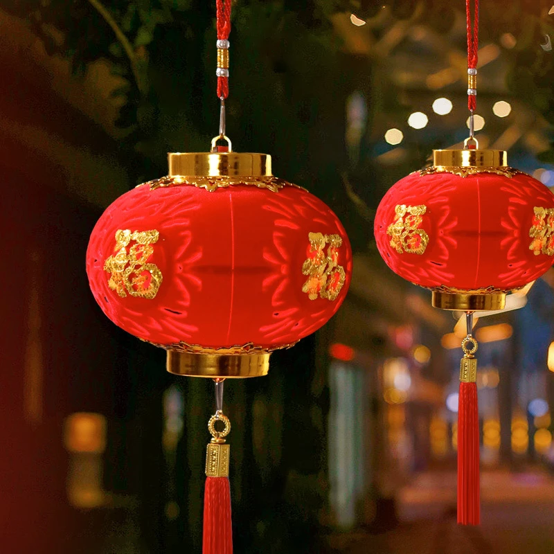 新款植绒福字LED灯笼中国风diy手工发光投影镂空红灯笼挂件批发
