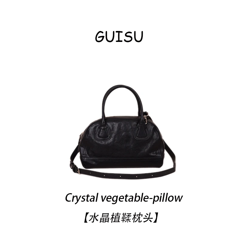 【闺宿】水晶植鞣头层牛皮单肩斜挎手提保龄球枕头女包黑色8232