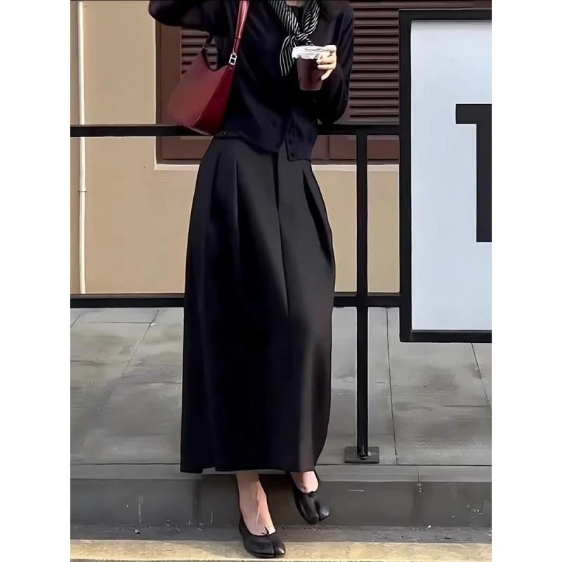 黑色西装花苞裙女秋季新款高腰显瘦遮肉气质百搭开叉休闲半身裙子