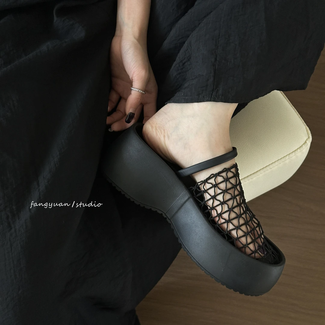 厚底增高个性小众编织镂空包头法式春夏网格女鞋网眼网面包头拖鞋