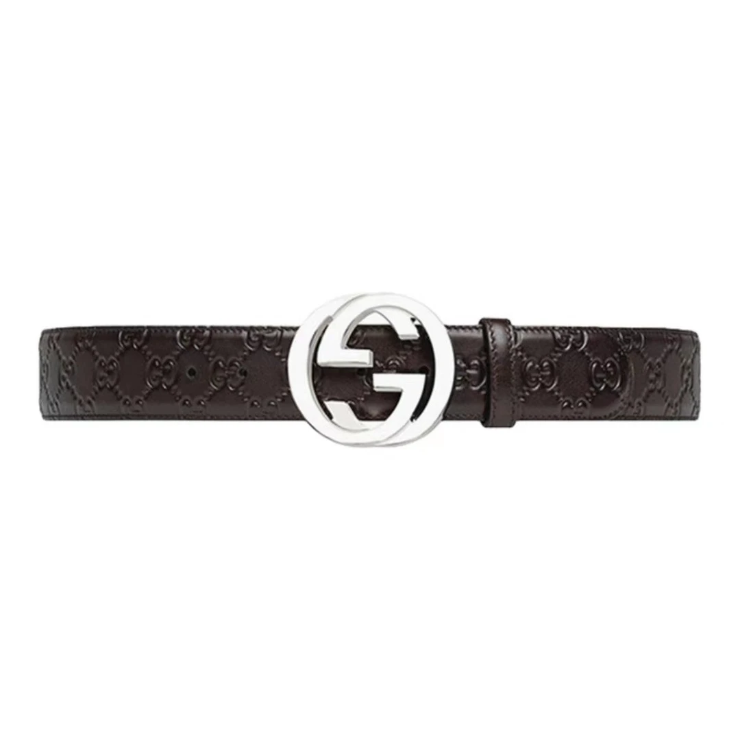 99新 GUCCI/古驰 银标大双G压花深棕色腰带 4CM宽 未使用经典男士