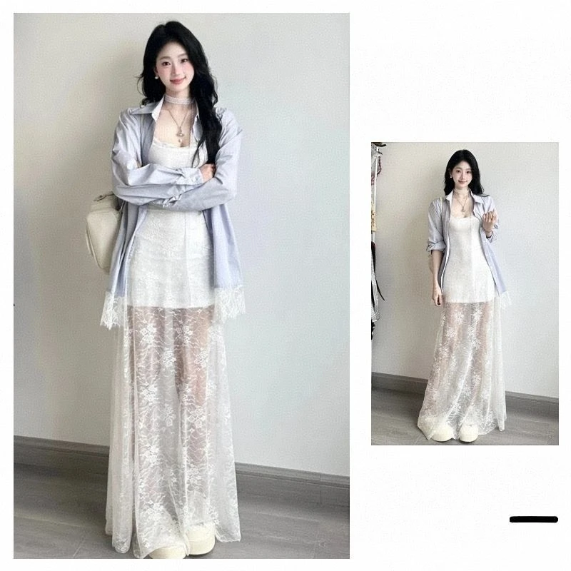 早春上班通勤穿搭设计感时尚蕾丝边衬衫韩系纯欲半透蕾丝修身长裙