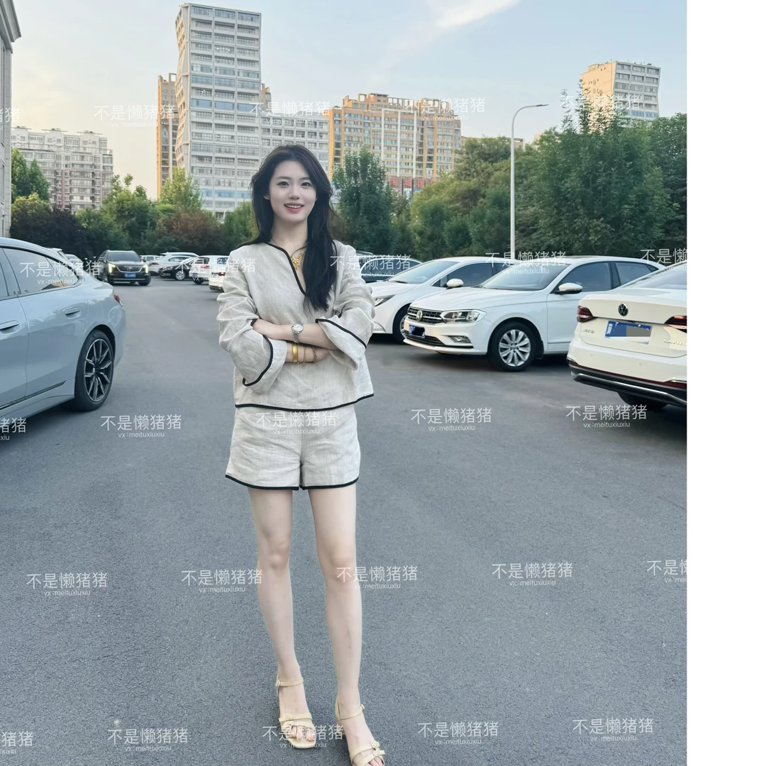 老钱风休闲凉感长袖短裤。亚麻！微扎！！