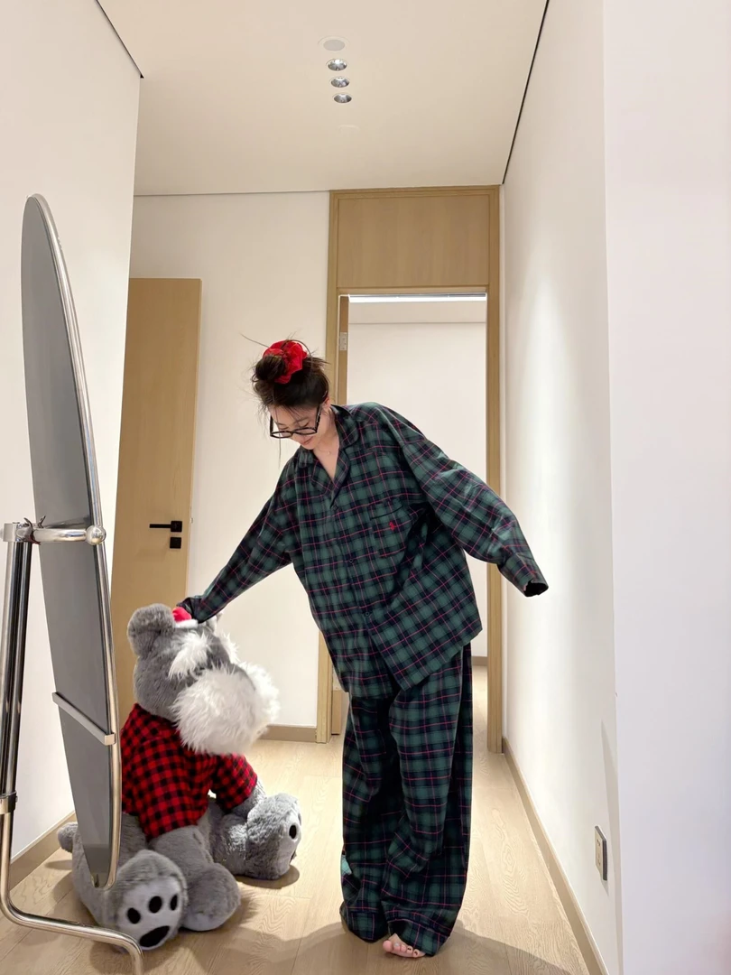 韩版ins复古撞色条纹圣诞格子睡衣女春秋新款慵懒风可外穿家居服