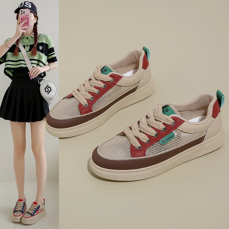 夏季时尚百搭透气小众ins镂空网面平底运动休闲百搭韩版复古女鞋