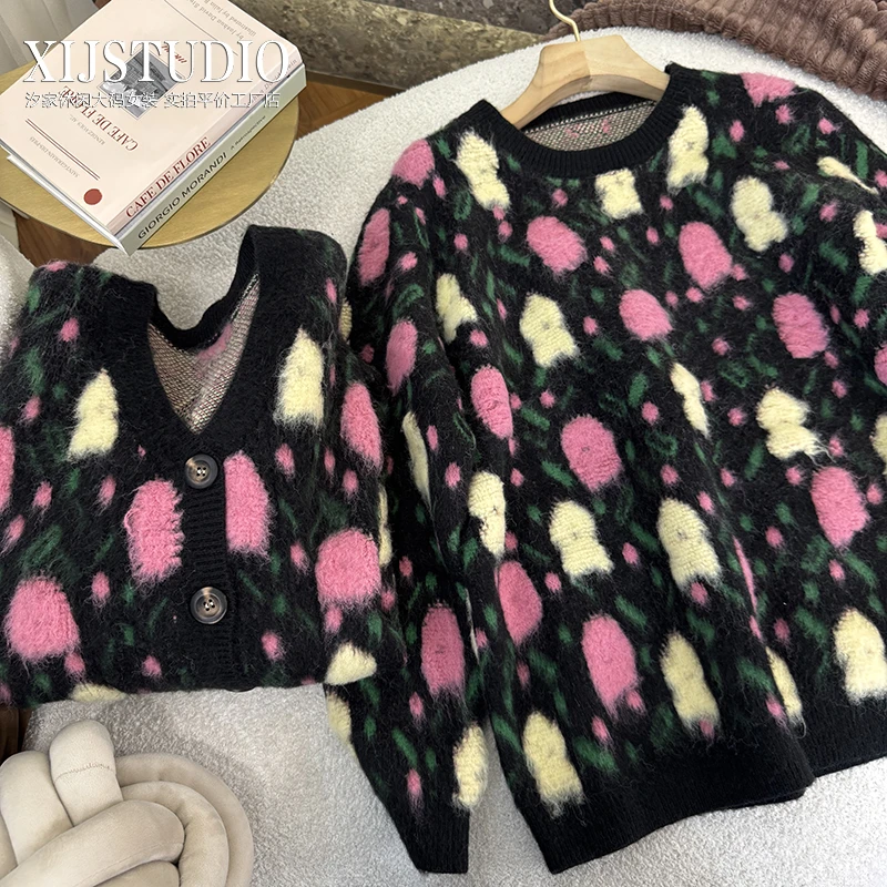 汐家女装 圆领毛巾绣毛茸茸套头毛衣大码加厚冬季开衫毛针织衫