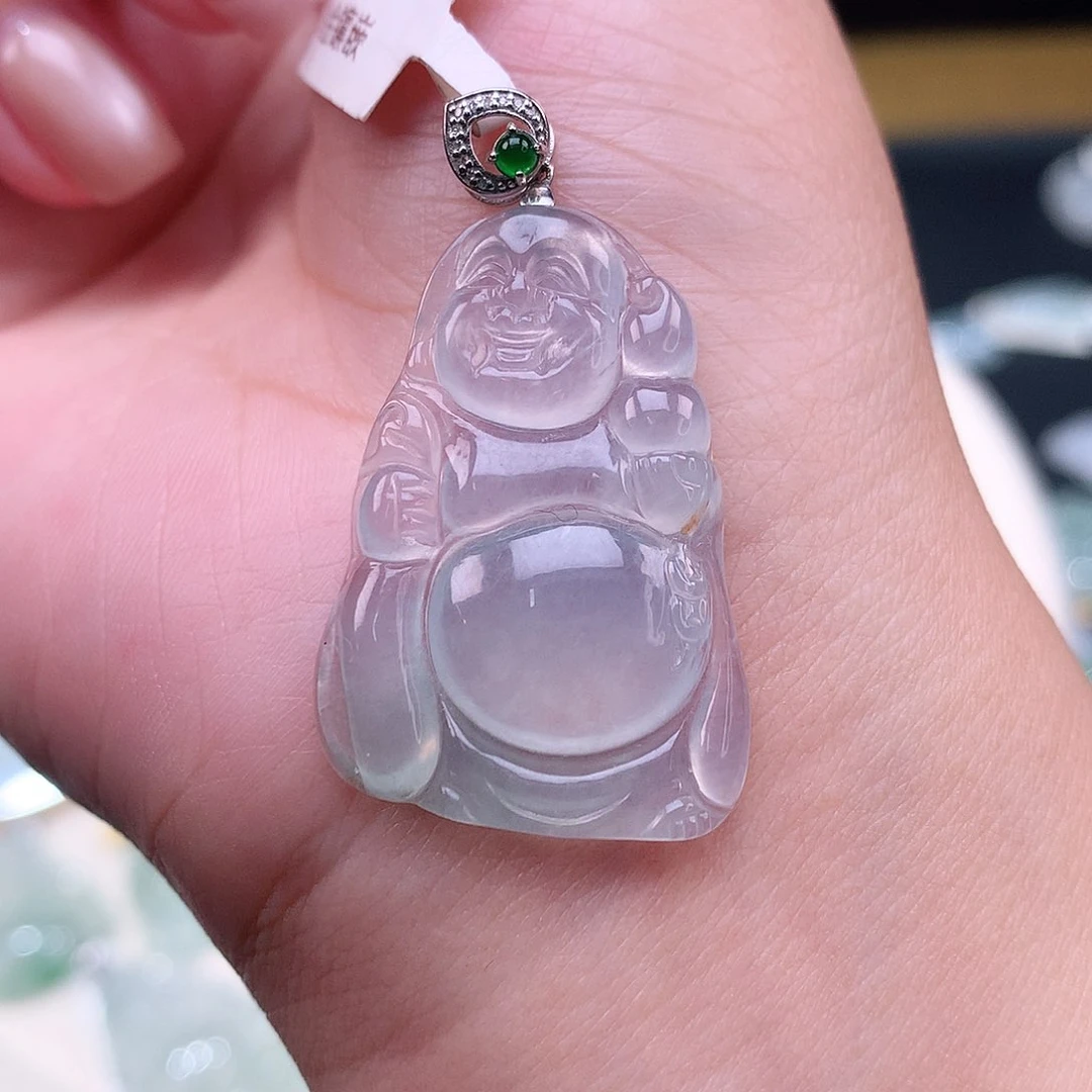 颈饰18K金镶嵌翡翠布袋佛