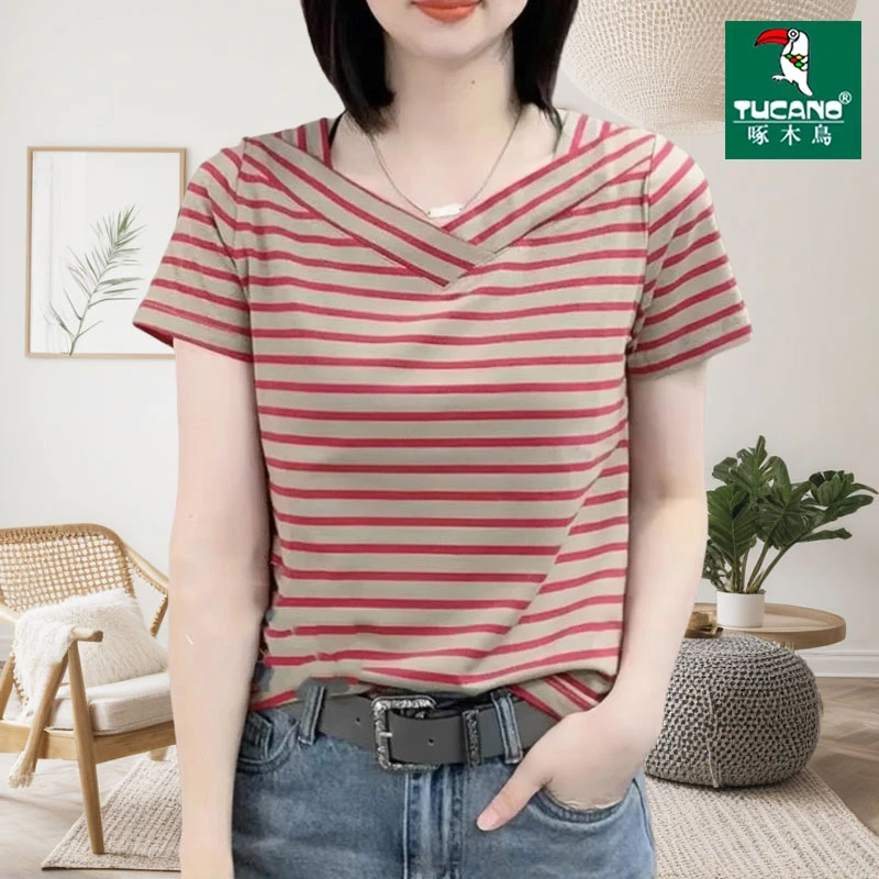 啄木鸟条纹短袖T恤女夏季休闲洋气减龄V领体恤时尚气质显瘦上衣女