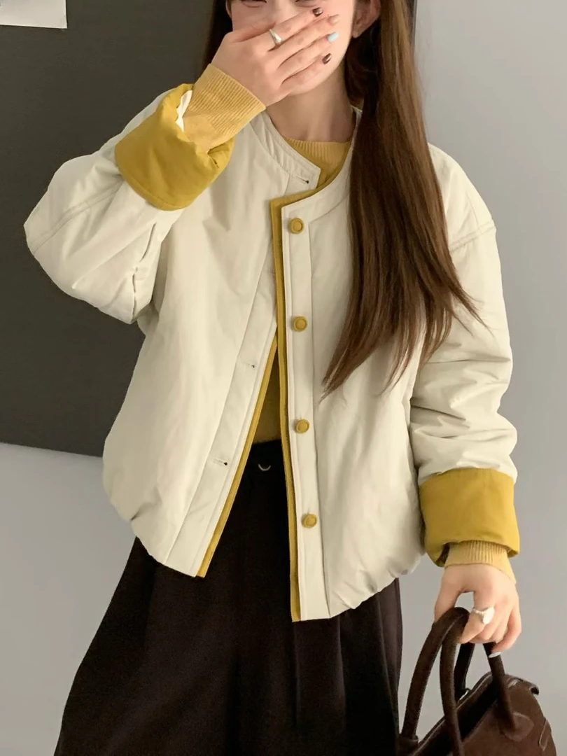 圆领小棉衣女2025秋季新款韩系撞色日系薄款夹棉夹克休闲上衣外套