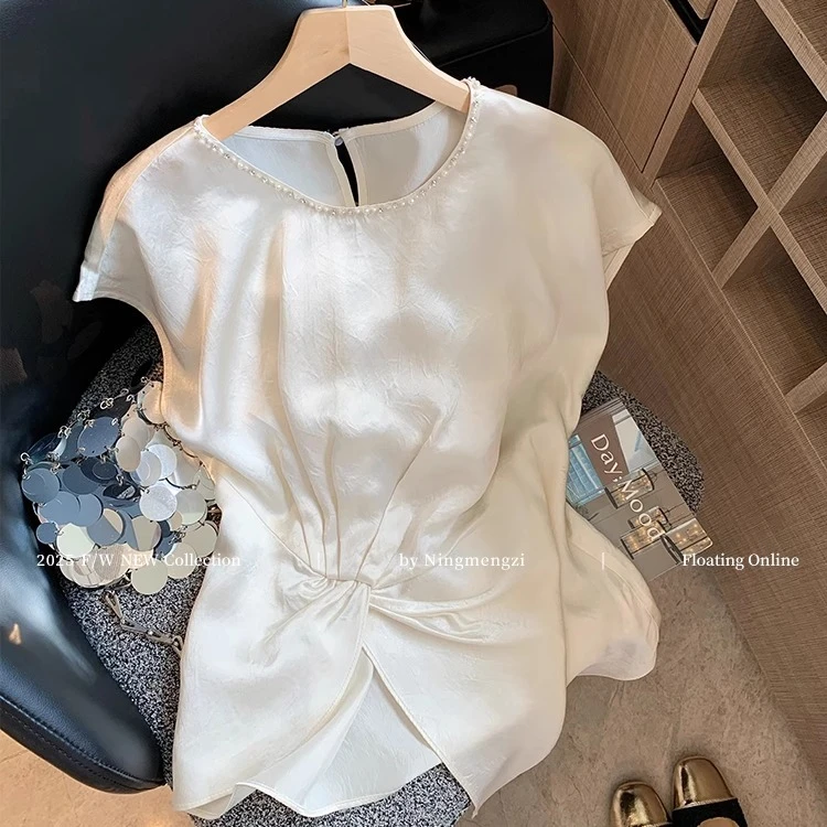 法式杏色褶皱钉珠醋酸缎面上衣女2025年夏季新款气质收腰时髦衬衫