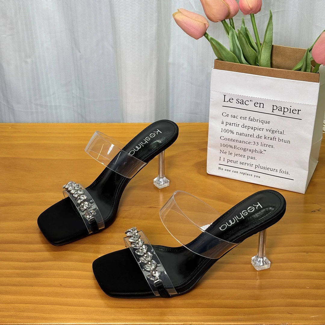 法式夏季百搭水钻一字拖露趾方头黑色高跟粗跟气质少女风细跟6350