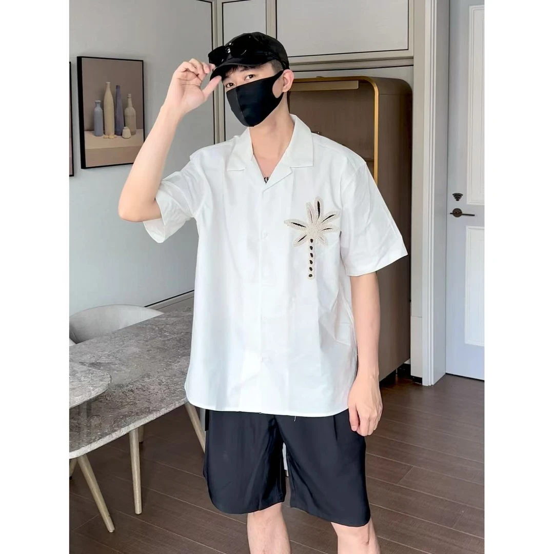 大圣圣  夏季刺绣花朵古巴领短袖衬衫男高级感宽松衬衣FUL 46736