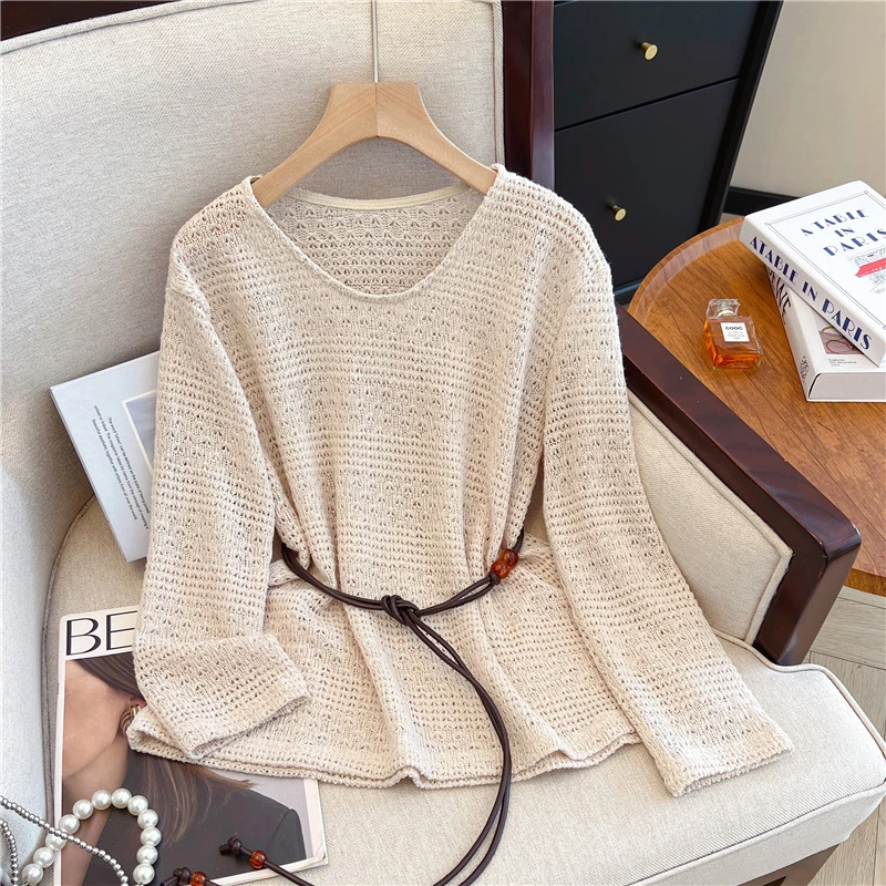 法式镂空收腰长袖针织衫女韩系早秋穿搭设计感慵懒风罩衫显瘦上衣