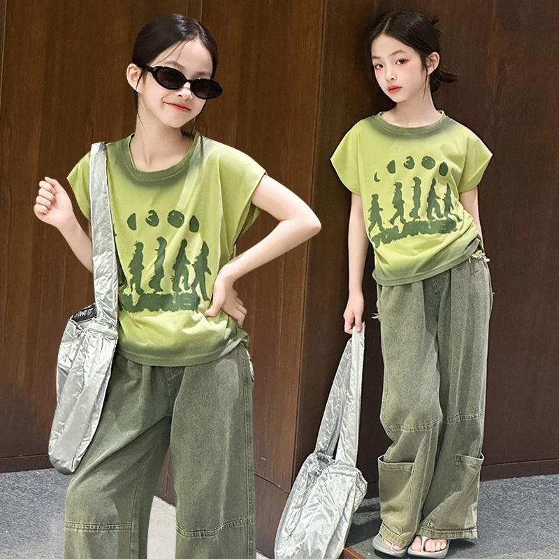 韩版童装女童夏季套装2025新款女大童夏装背心T恤牛仔长裤两件套