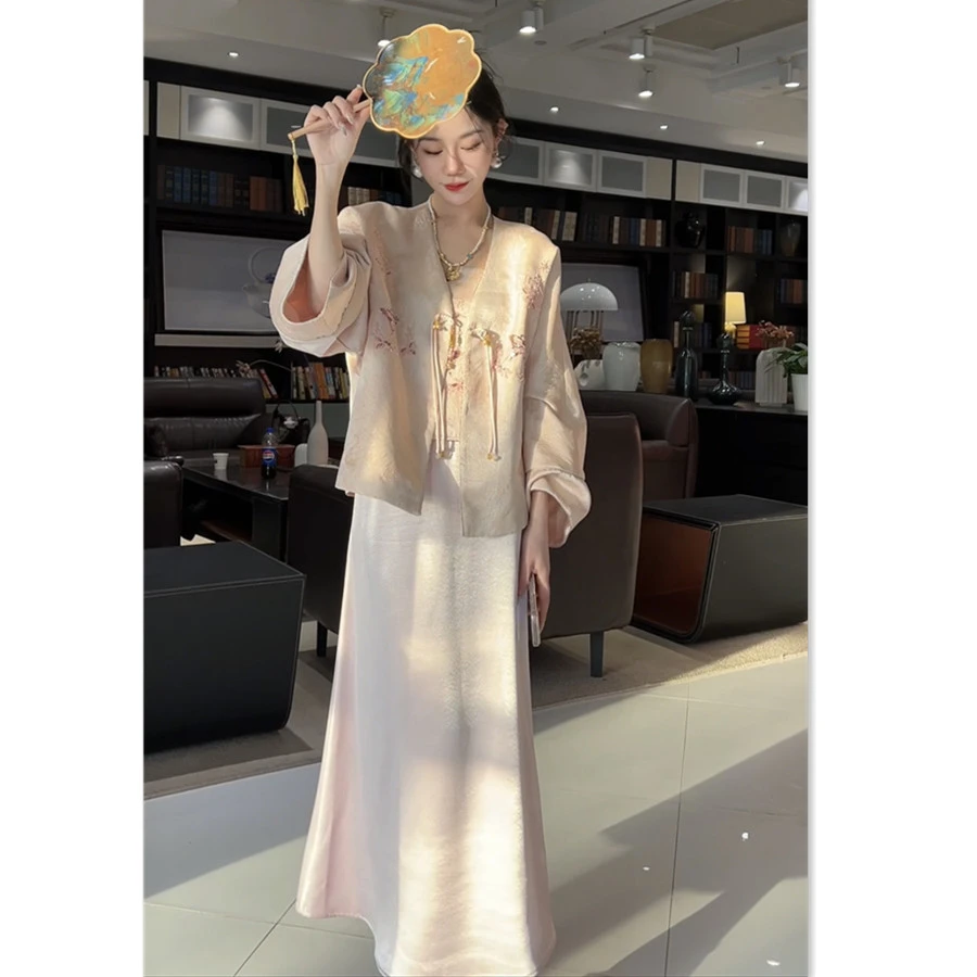 新中式定染织金高密绣花提花珠片吊带国风套装