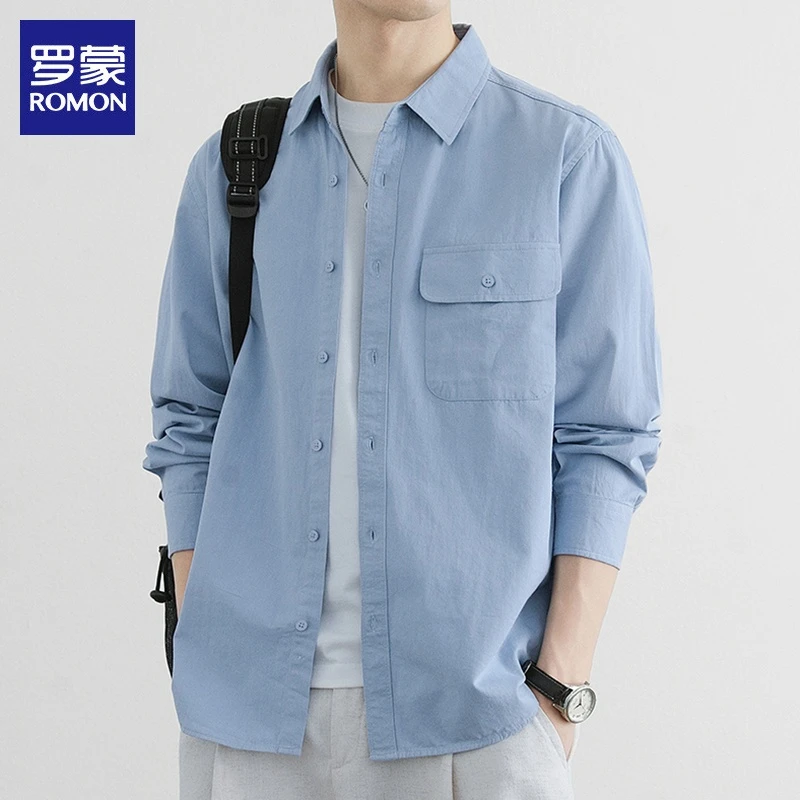 罗蒙纯棉长袖衬衫男士2025秋季新款潮流免烫上衣休闲衬衣外套男装