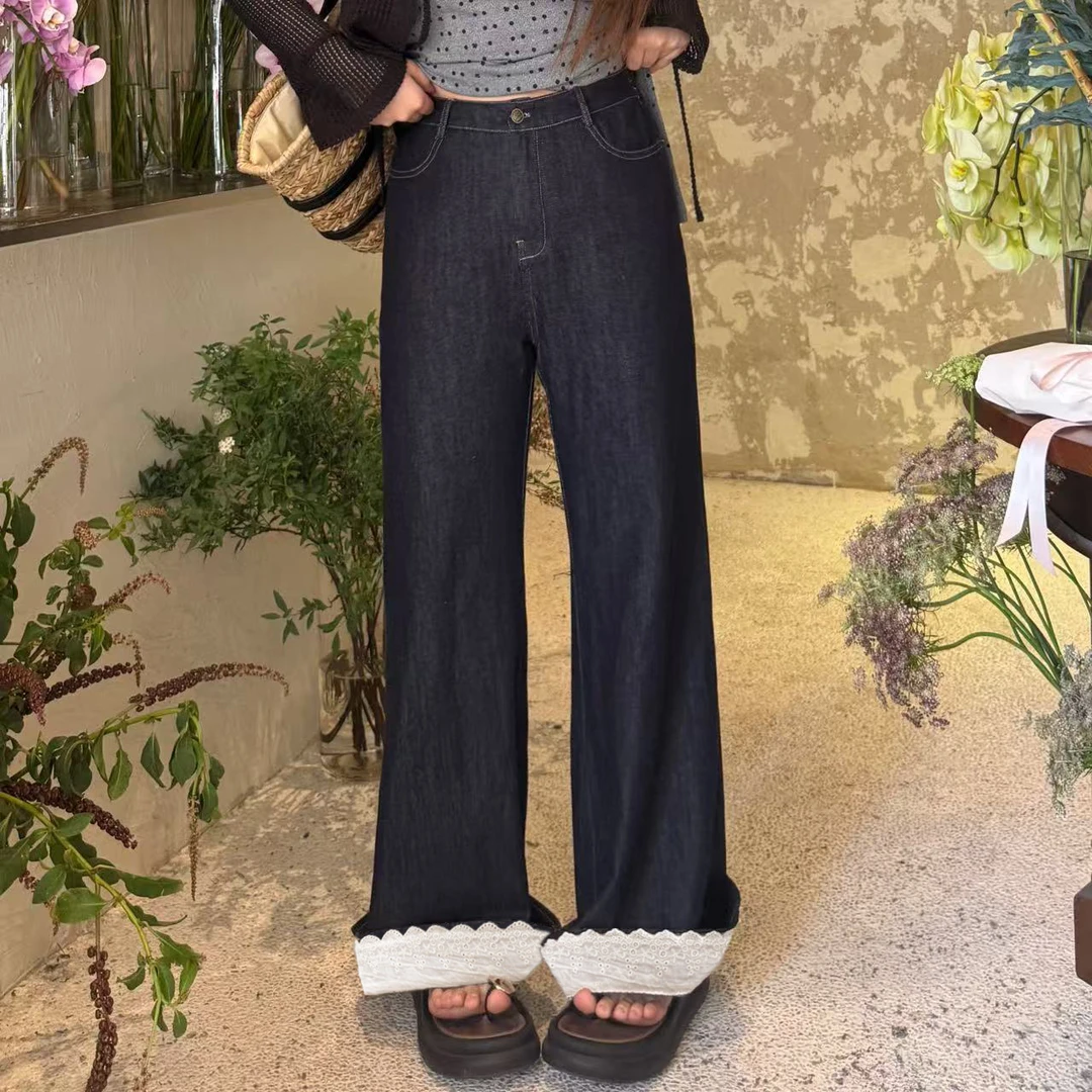 南岛风大码女装卷边花边宽松直筒裤夏胖mm显瘦高腰阔腿裤ZYY1533