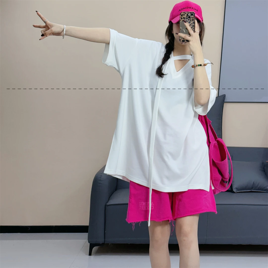 原创小心机显瘦设计感v领短袖t恤女不规则宽松中长款鸡心领上衣