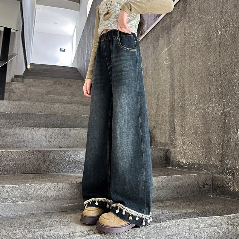 女童牛仔裤2025秋季新款洋气休闲阔腿直筒裤中大童女孩初中生裤子