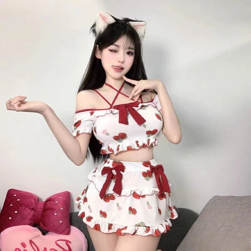 情侣网红甜美可爱草莓吊带家居服学生少女性感纯欲风蕾丝性感美背