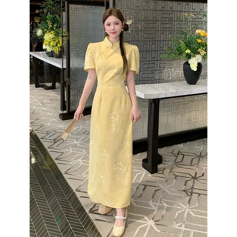 大码胖mm新中式改良旗袍连衣裙女夏2025新款黄色收腰显瘦裙子1844