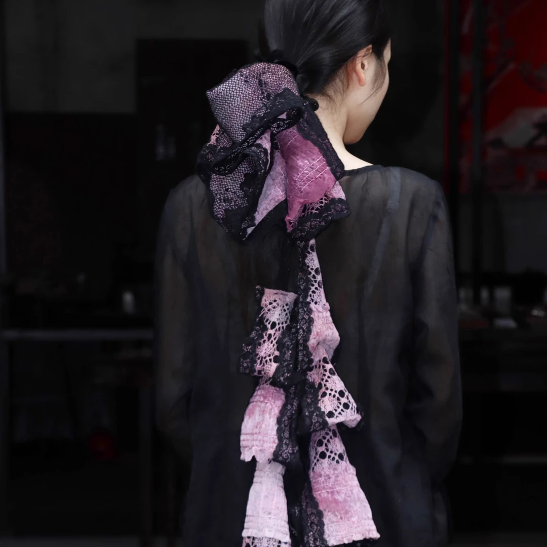 东黑三白暮色锁紫霞 原创重工设计不规则褶皱拼接弹力发圈绳饰