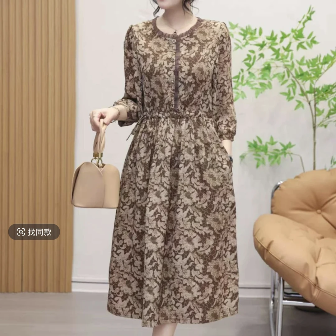 2903 新款高品质时尚长袖气质圆领收腰连衣裙