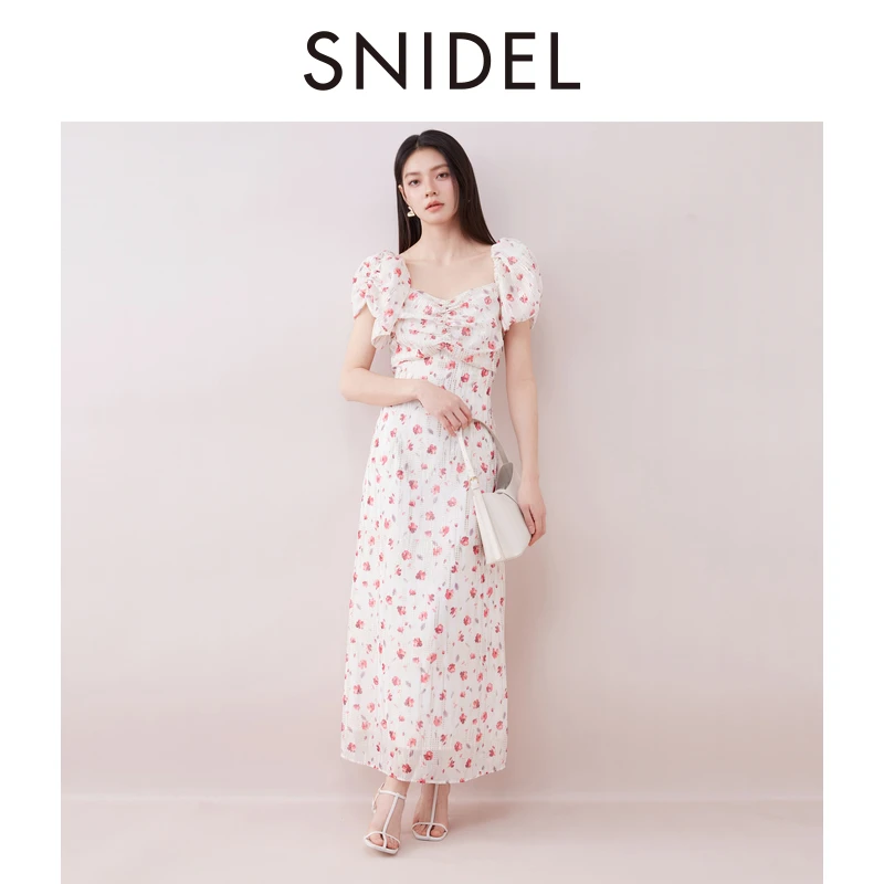 SNIDEL2025春夏新品优雅淑女泡泡袖亮片雪纺印花连衣裙SWFO251088