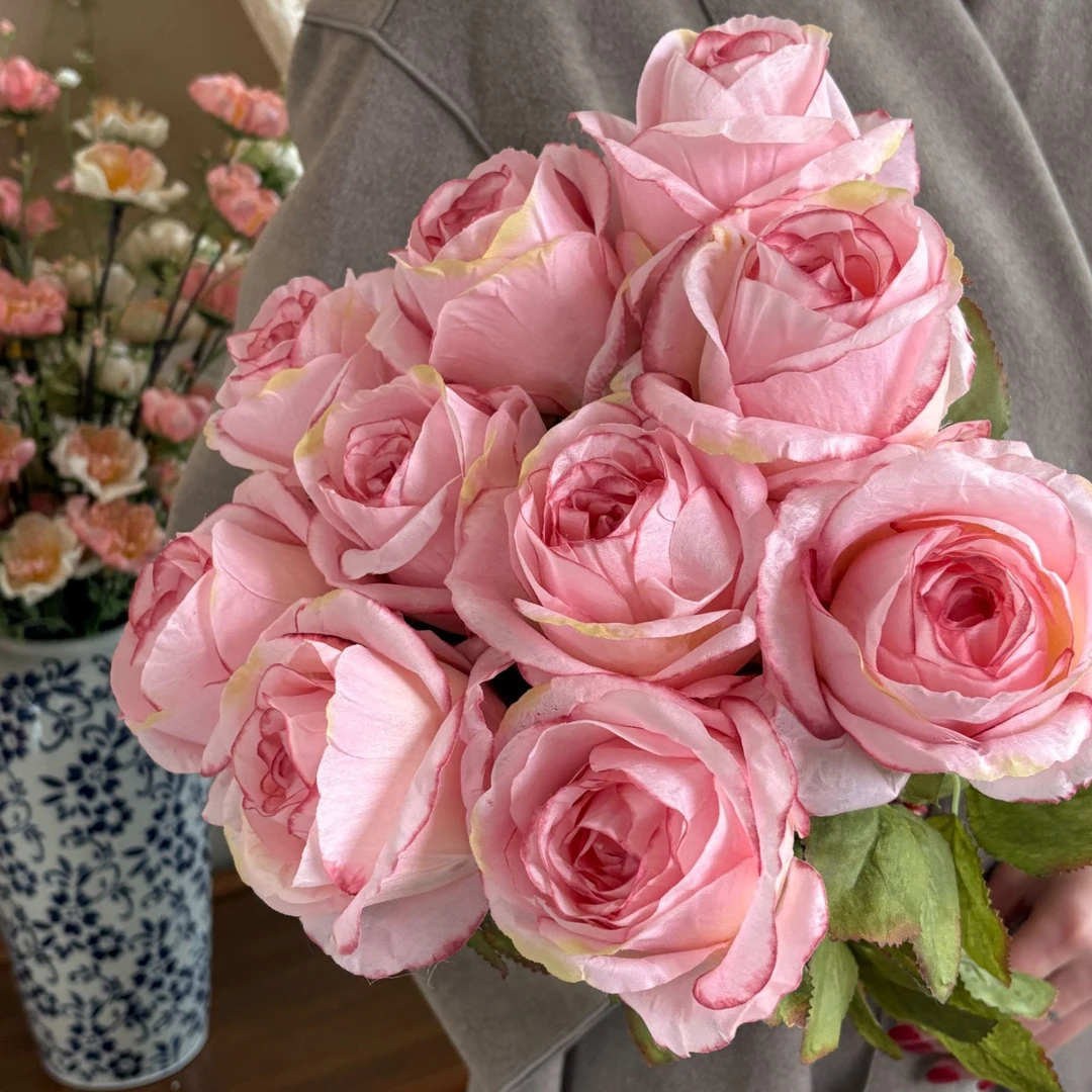 （夜萤眠）超大头粉玫瑰仿真花束干花假花客厅餐厅摆件烧边轻奢