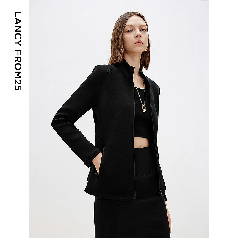 朗姿法式高级感设计感通勤气质修身收腰黑色短外套2025年春季新款