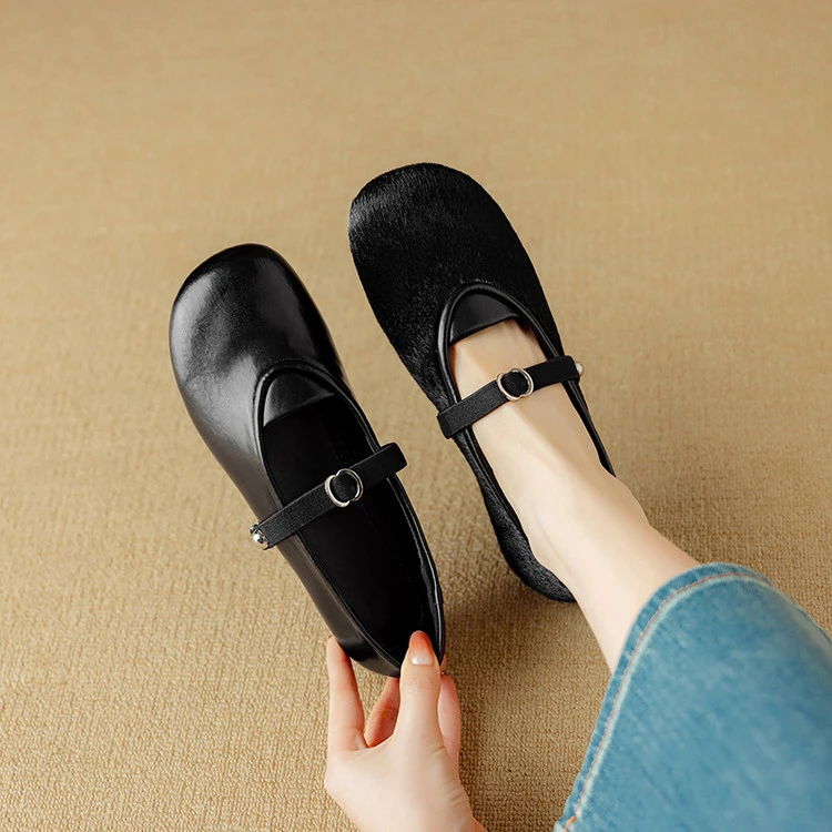 巨软里外纯皮～牛皮1cm马毛复古百搭休闲玛丽珍软底女浅口单鞋春秋