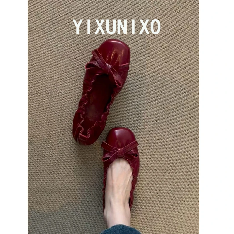 超软小羊皮复古褶皱蝴蝶结平底芭蕾舞鞋通勤百搭一脚蹬浅口单鞋女