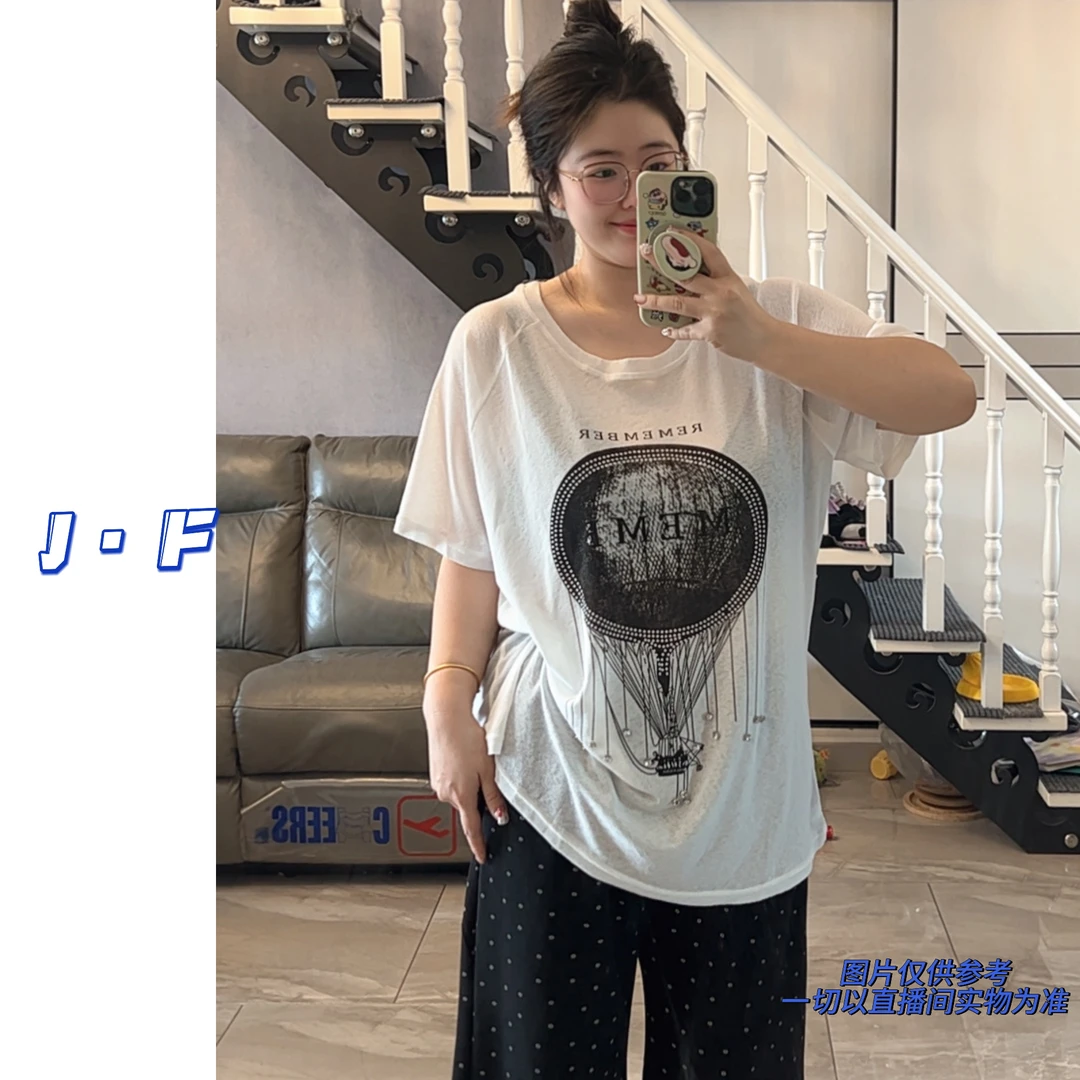 JF定制大码697夏季百搭圆领热气球钉钻微透防晒短袖中长款上衣