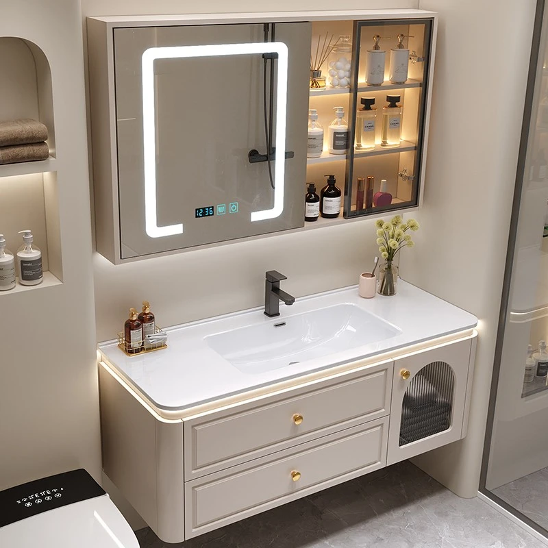 奶油风实木浴室柜组合轻奢陶瓷一体盆卫生间洗脸盆洗手洗漱台卫浴