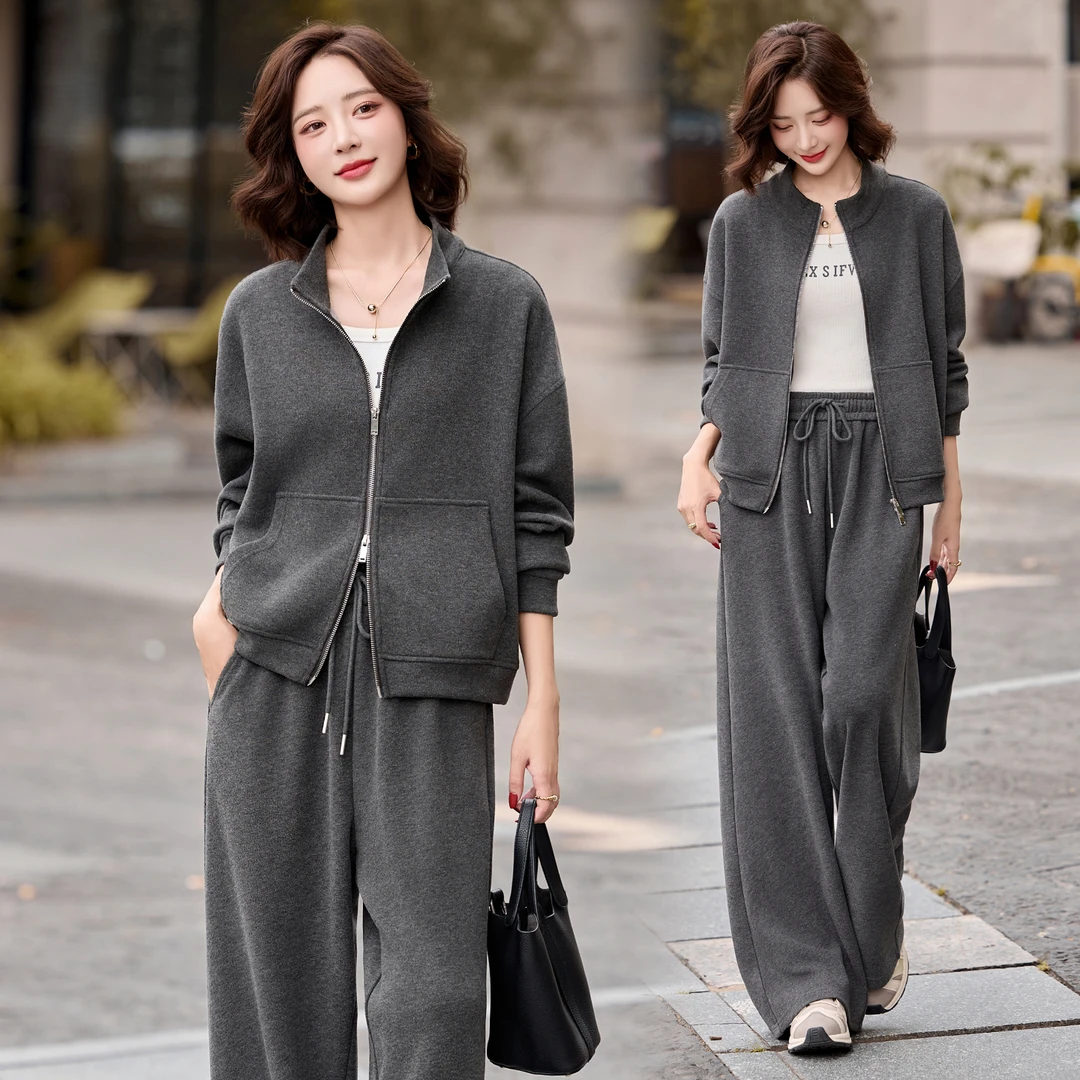 休闲时尚运动套装女2025春秋新款松弛感气质宽松百搭阔腿裤两件套