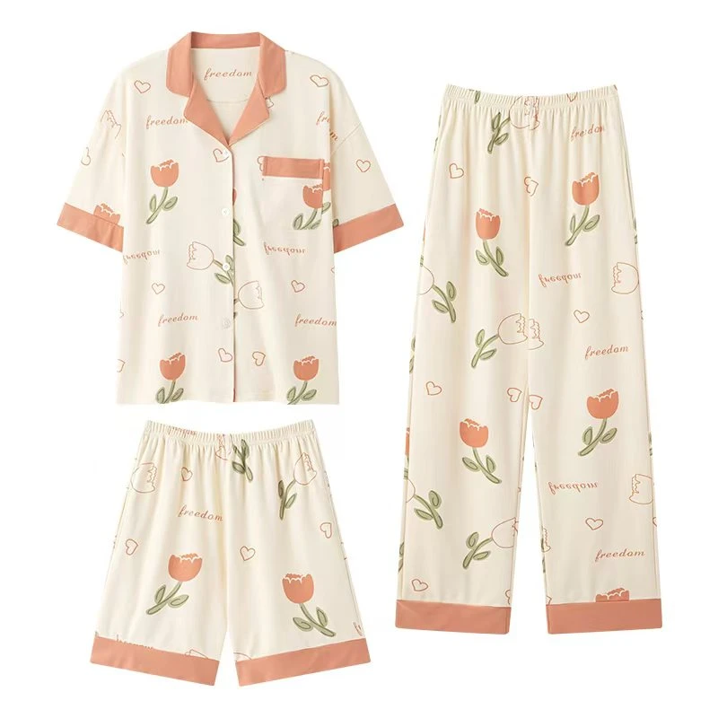 女士夏季薄款短袖翻领三件套休闲家居服EC088