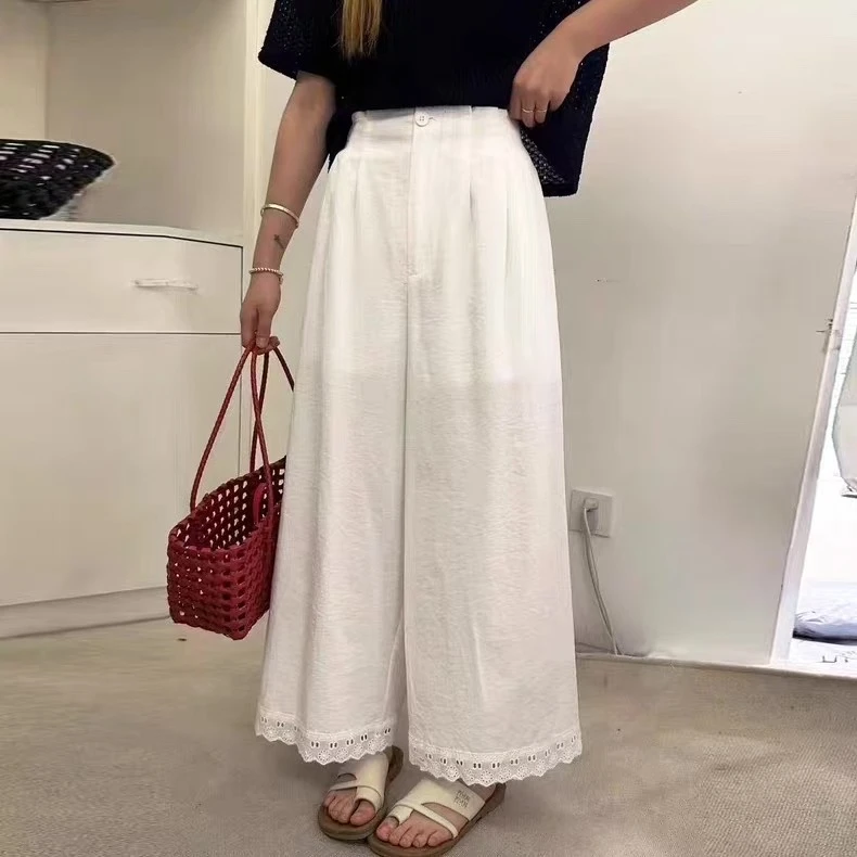 2025夏季时尚百搭女士韩系蕾丝花边8分阔腿冰麻裤868