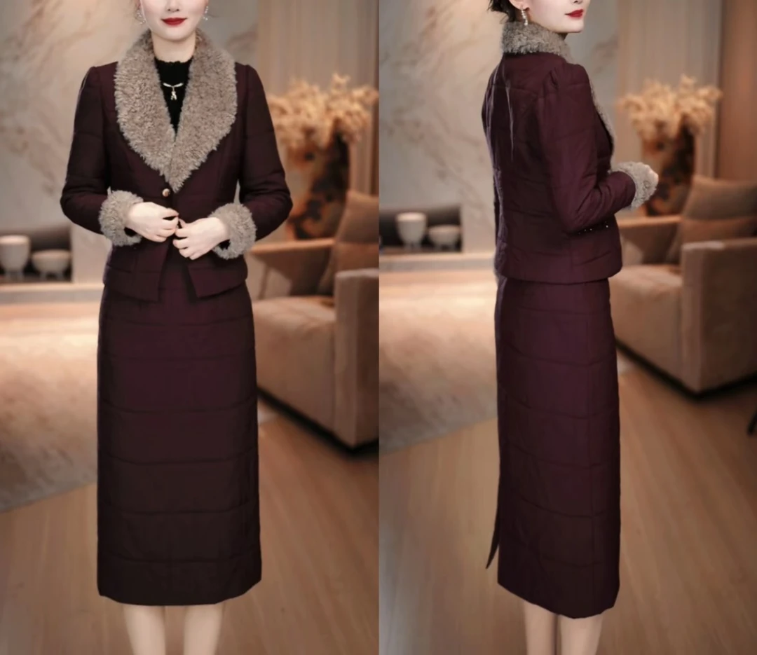 外套+连衣裙 2025冬季新款加厚加绒时尚轻奢毛领棉服套装裙M-5XL