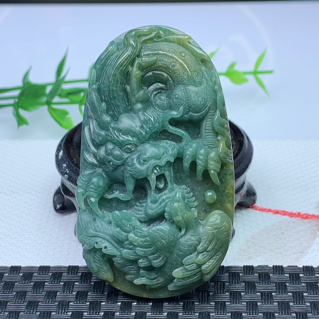天然A货翡翠 蓝水双彩龙牌吊坠 尺寸；73*42*12mm
