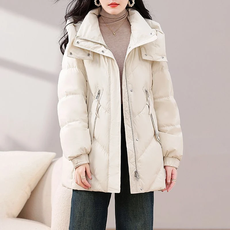 DUCURNO白色连帽羽绒服女冬季2025新款高端时尚洋气中长款加厚保