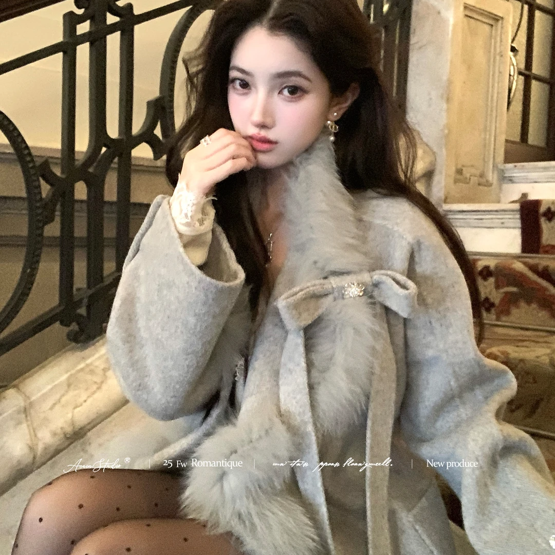 Acaine阿彩呢 气质高级灰色贵气轻奢奢华羊毛双面呢狐狸毛领大衣
