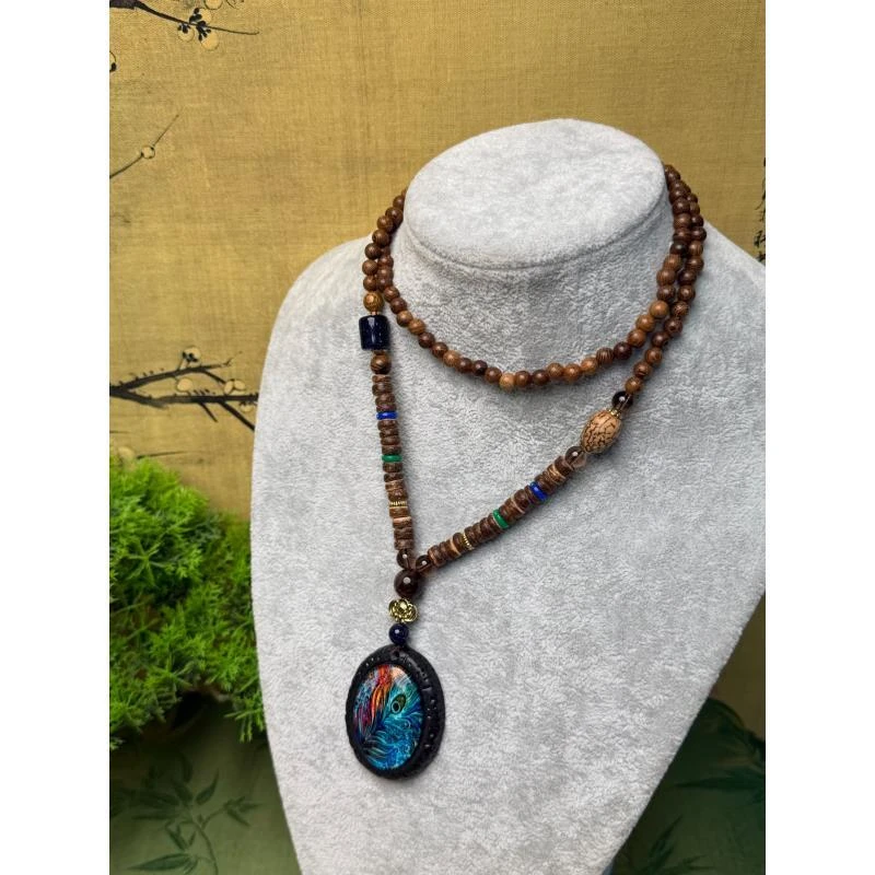 DA-1255-花梨木孔雀羽毛木珠链木珠链